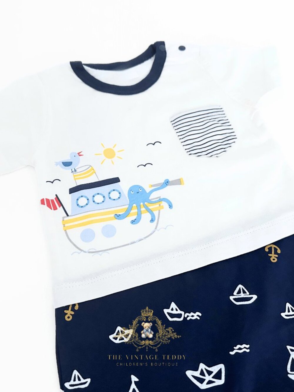 NWT Cute Boys One-piece Sleep N' Play Romper Tugboat Octopus Seagull Navy 12-18M - Picture 3 of 3